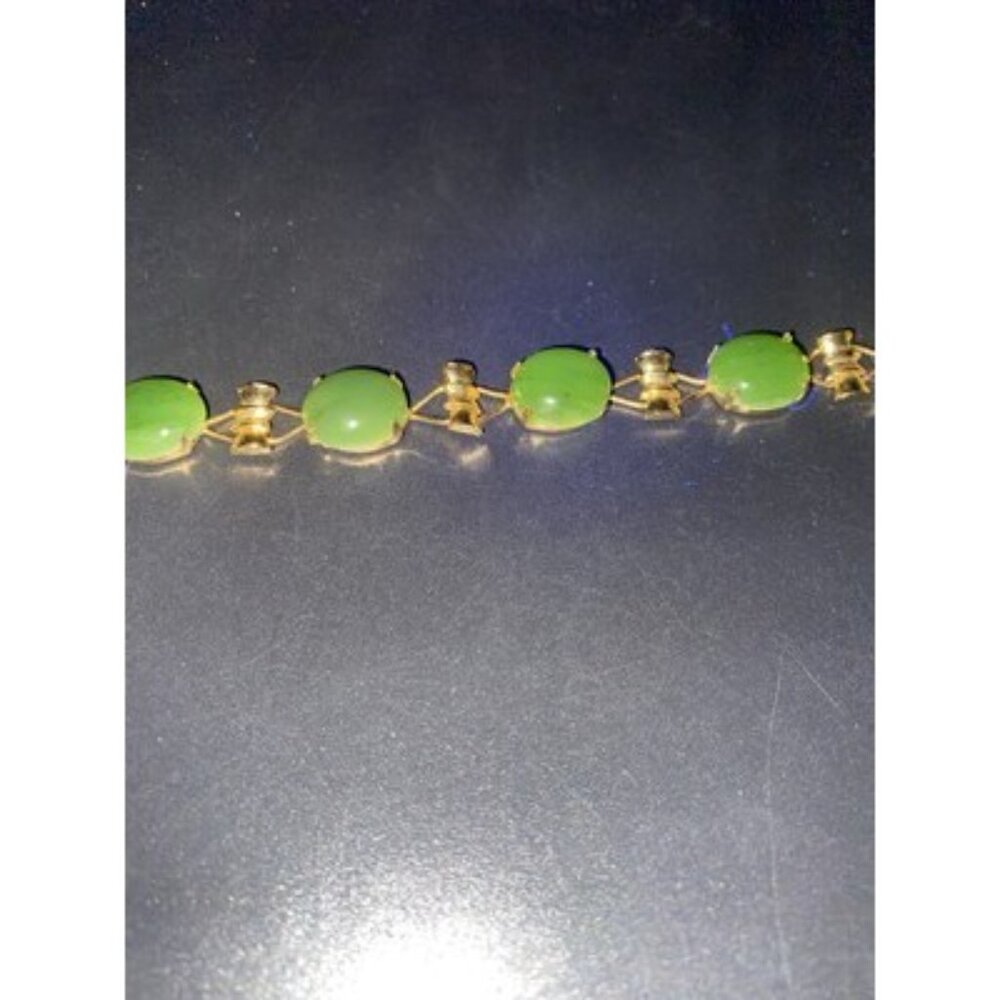 Vtg Green Jadeite Bracelet Gold Plated Bamboo Accent Floral Box Clasp 7" UV Test - Picture 8 of 16